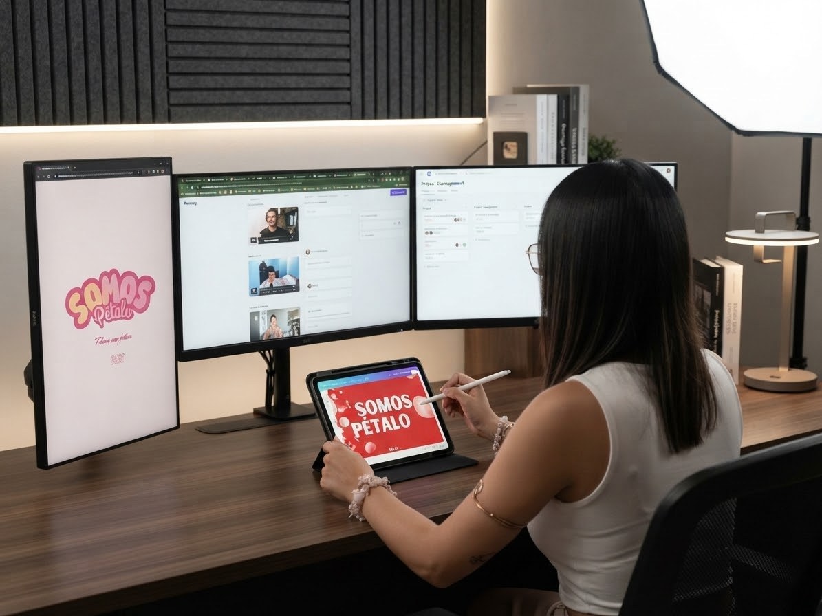 Yaina trabajando en el estudio de Pétalo, con la marca en sus pantallas y su tablet