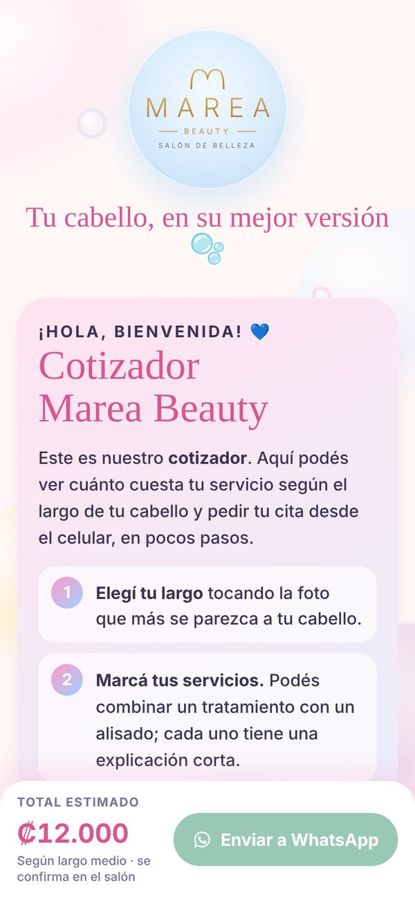 Cotizador de Marea Beauty: pantalla de bienvenida