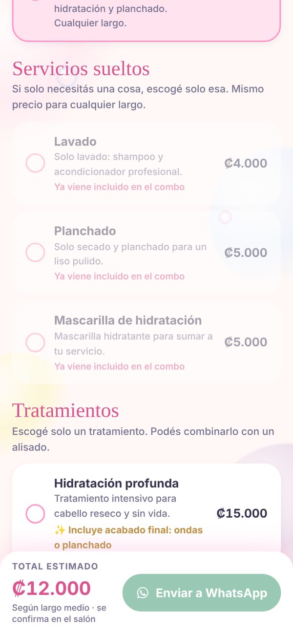 Cotizador de Marea Beauty: lista de servicios con precios